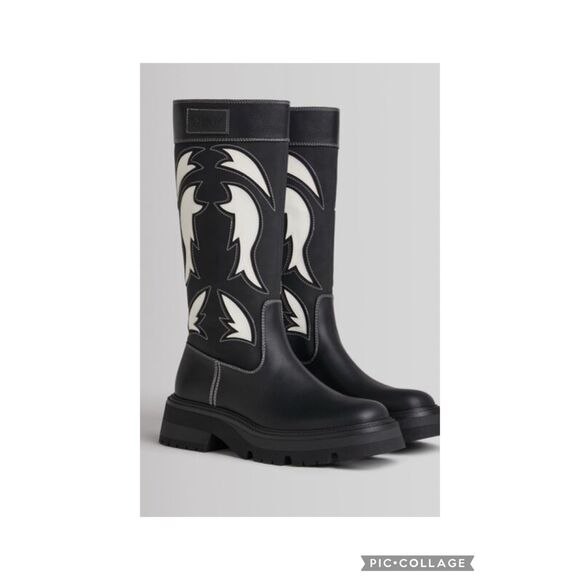 NWT Bershka cowboy boots black/white Sz 8.5 $100 - Picture 1 of 7